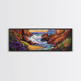 Rocky Shore, Ocean Splash, Sunset Cove, Botanical Scene, Framed Canvas Print, vibrant coastal wall art, beach bathroom decor, ocean vibe