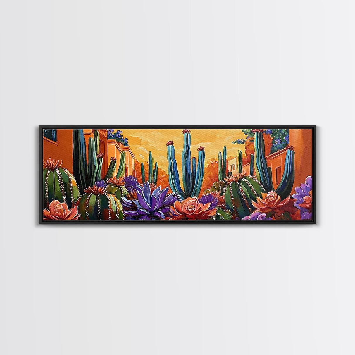 Desert Garden Magic, Colorful Cactus Landscape, Urban Nature Art, Framed Canvas Print, Living Room Southwest Decor, Boho Sunset Wall Art