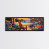 Peaceful Beach Chair, Vibrant Sunset Retreat, Tropical Escape Wall Art, Framed Canvas Print, Vacation Home Decor, Boho Island Artwork