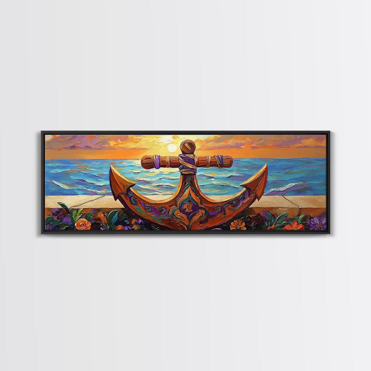 Anchor Seaside Art, Nautical Sunset, Framed Canvas Print, Coastal Home Decor, Ocean Lover Gift, Beach Living Room Wall Art