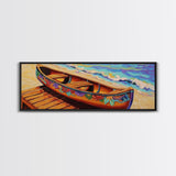 Floral Canoe Painting, Beachside Dock Art, Coastal Decor Accent, Canvas Print, Nautical Wall Art, Boho Beach House Living Room