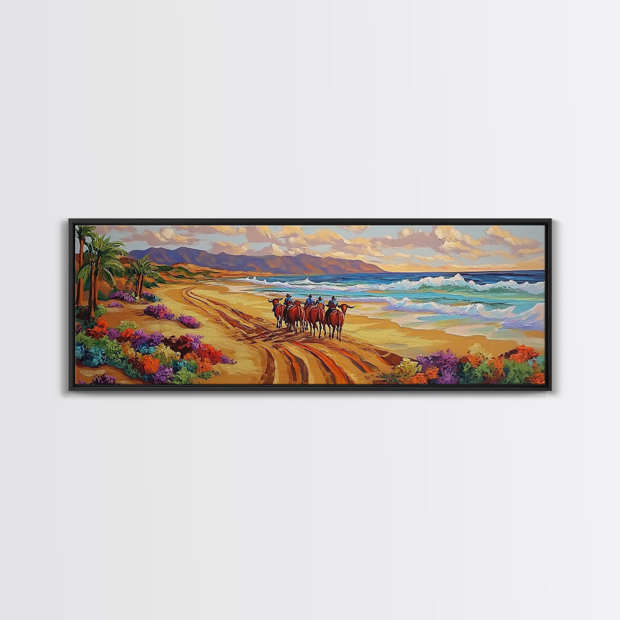 Western Beach Trail, Cowboy Horses Art, Desert Shoreline, Canvas Print, Fall Wall Decor, Rustic Western Style, Living Room Wall Art