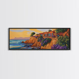 Seaside Villas, Coastal Cliff, Ocean Sunset, Framed Canvas Print, Beach House Art, Colorful Home Decor, Bold Tropical Landscape Art