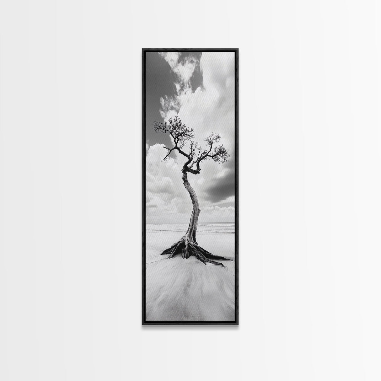 Solitary Tree, Beach Art, Surreal Landscape, Moody Wall Decor, Framed Canvas Print, Meditation Room Art, Monochrome Nature Style