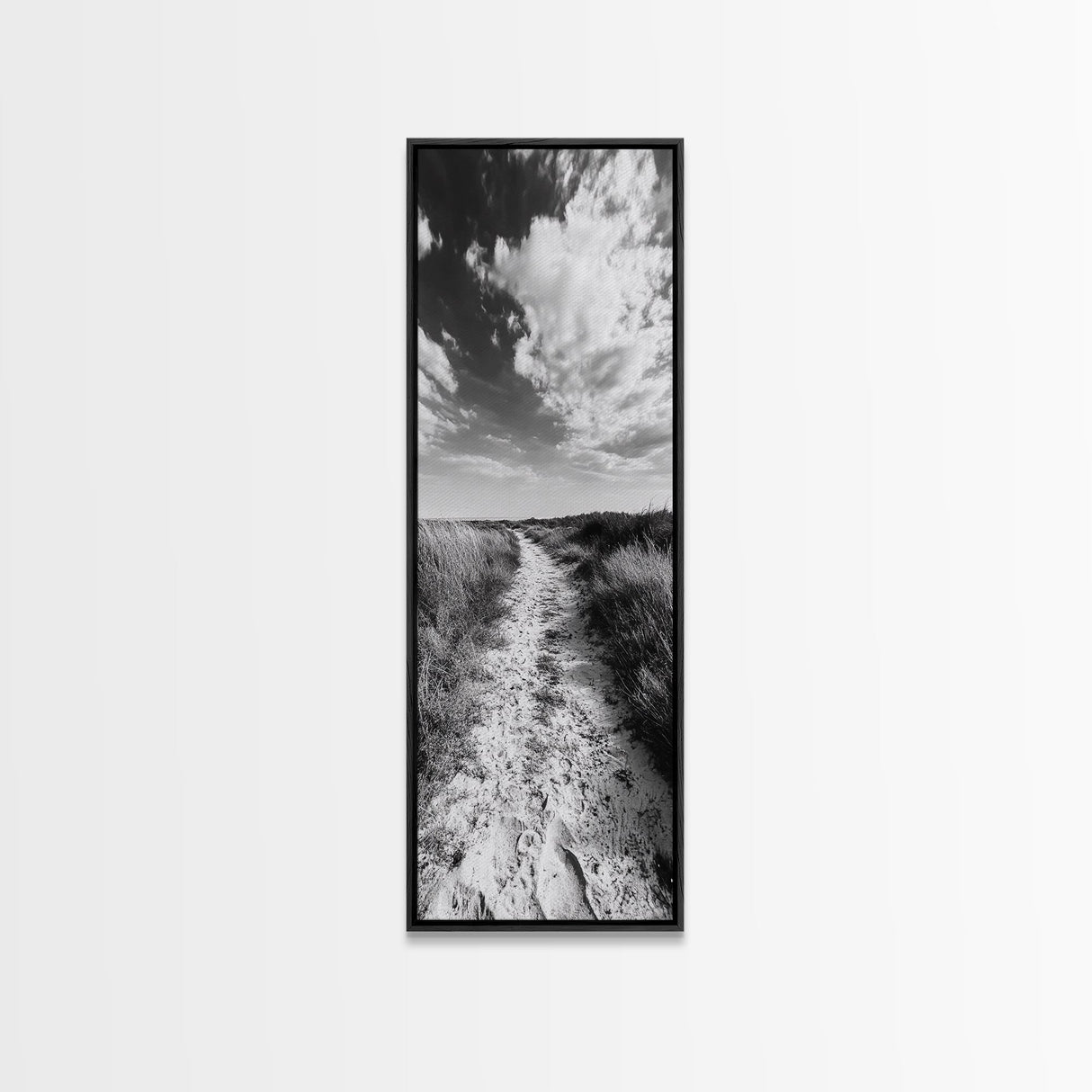 Sandy Trail, Beach Path, Cloudy Sky, Coastal Living, Framed Canvas Print, Relaxed Nature Vibe, Hallway Wall Art, Minimal Decor