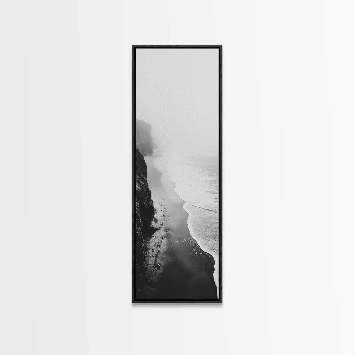Foggy Cliffs, Ocean Shoreline, Monochrome Beach, Canvas Print, Black and white beach art, Coastal minimalist hallway decor, Modern seascape gift