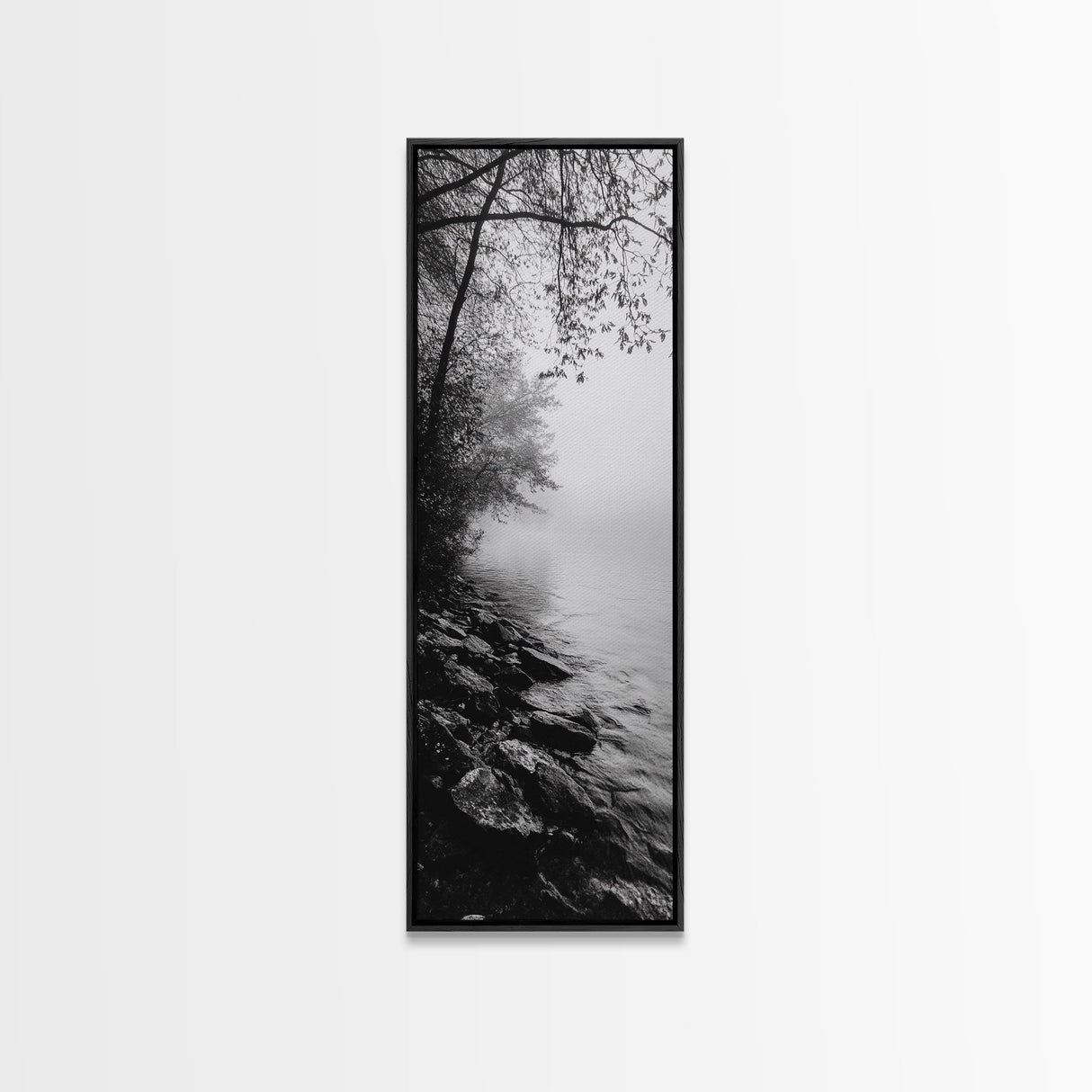 Lakeside Mist, Rocky Shoreline, Tranquil Forest, Framed Canvas Print, Peaceful woodland wall art, Fall neutral decor, Nature themed office print