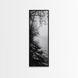 Lakeside Mist, Rocky Shoreline, Tranquil Forest, Framed Canvas Print, Peaceful woodland wall art, Fall neutral decor, Nature themed office print