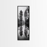 Twin Pines, Forest Reflection, Misty Lake, Black and White Nature, Framed Canvas Print, Living Room Wall Art, Nature Photography, Zen Decor