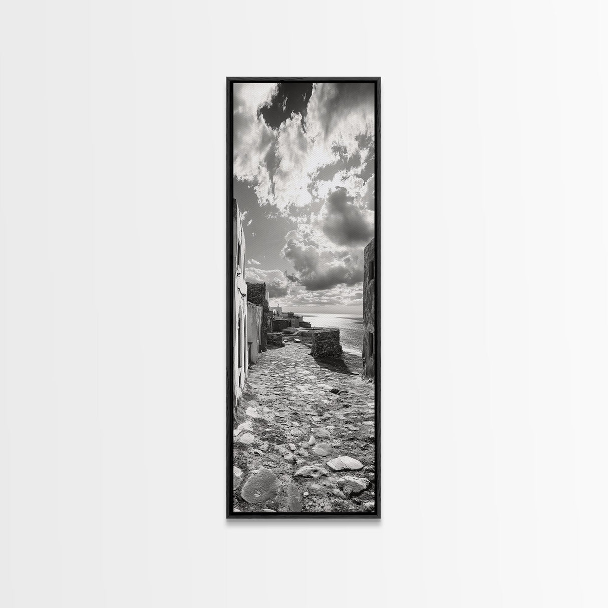 Coastal Street, Ocean View, Mediterranean Charm, Monochrome Photography, Framed Canvas Print, Living Room Print, Kitchen Wall Art