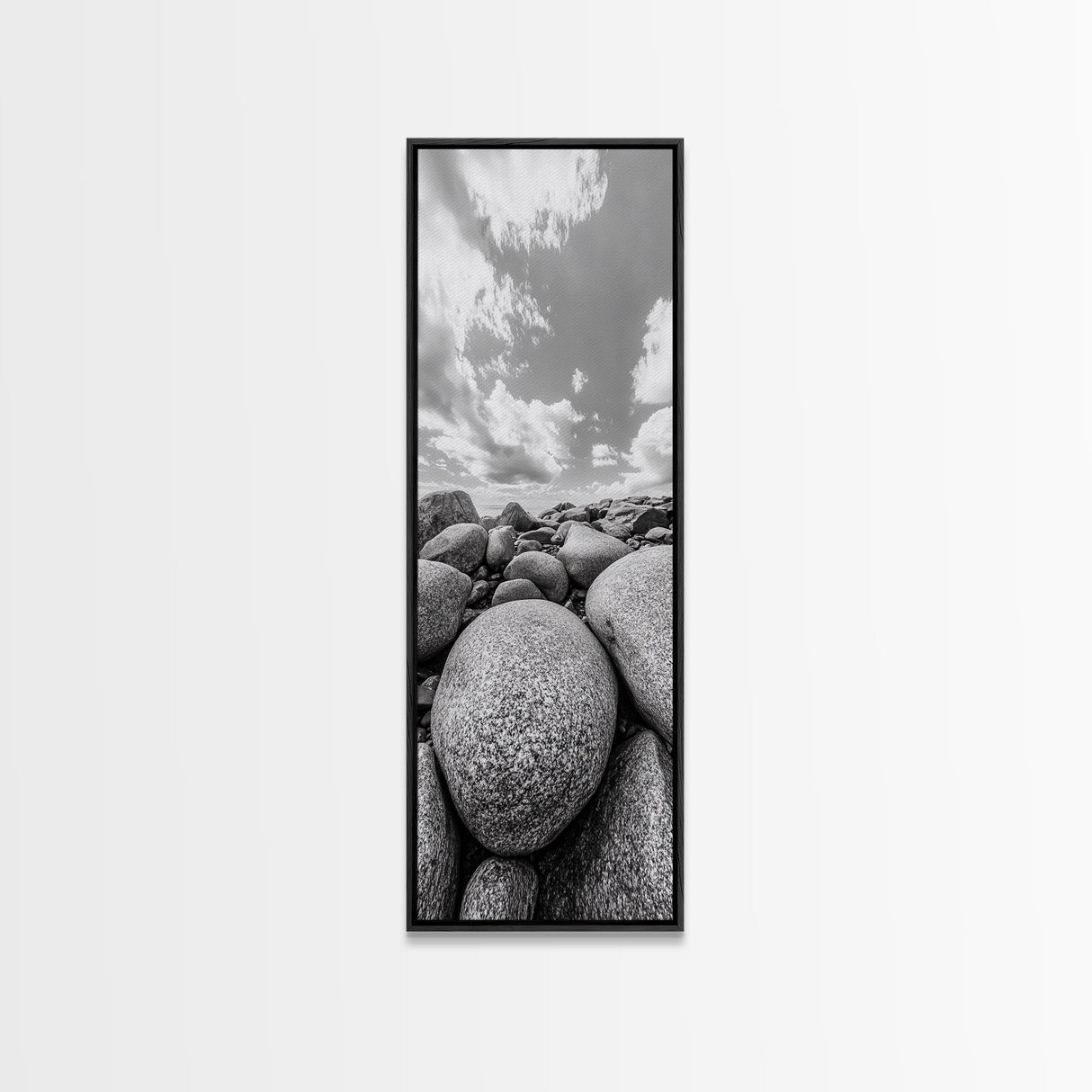 Granite Boulders, Coastal Rocks, Ocean Horizon, Dramatic Clouds, Framed Canvas Print, Nature Wall Art, Modern Beach House Decor