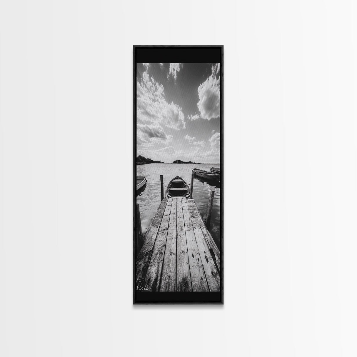 Docked Rowboat, Calm Waters, Rustic Pier, Serene Lake View, Framed Canvas Print, Black and White Coastal Art, Bedroom Wall Decor