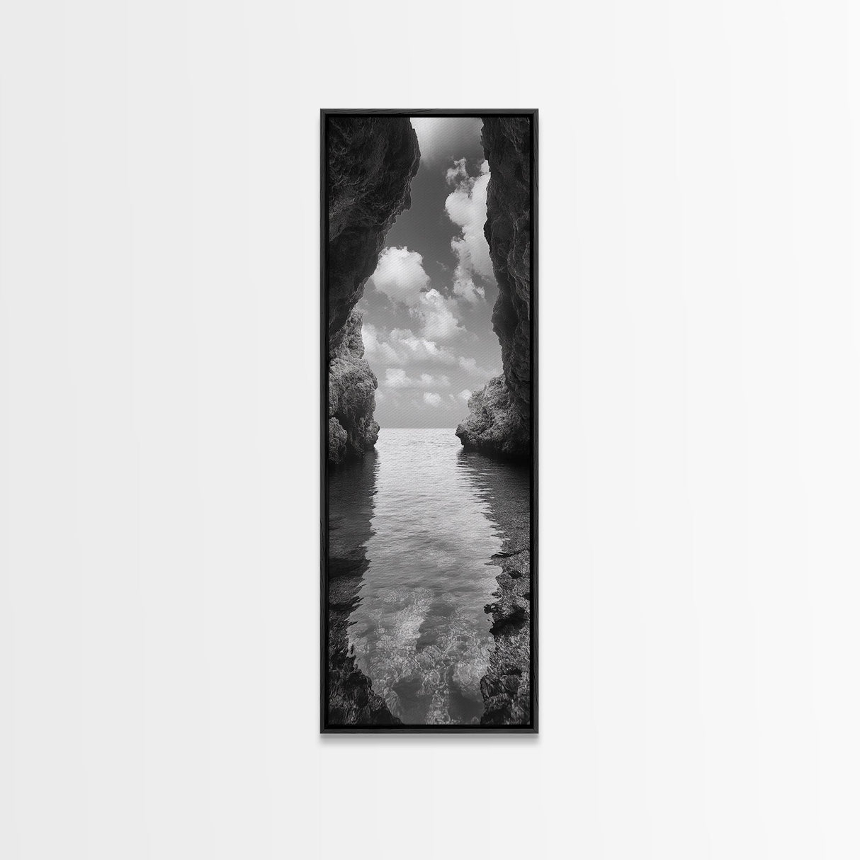 Ocean Cave, Tranquil Waters, Cloudy Sky, Coastal Wall Art, Canvas Print, Black and White Nature Decor, Modern Beach House Wall Art