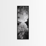 Island Cove, Palm Tree, Peaceful Sea, Tropical Coastline, Black and White Framed Canvas Print, Boho Beach Wall Art, Bathroom Decor
