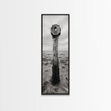Driftwood Totem, Coastal Pillar, Ocean Beach Monochrome, Framed Canvas Print, Rustic Wall Art, Boho Bedroom Decor, Nature Photography