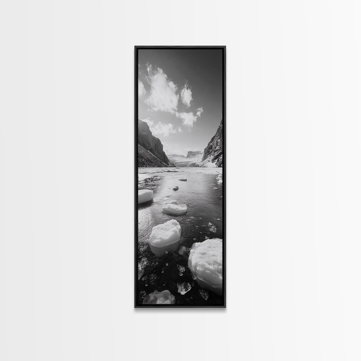 Arctic River, Snowy Mountains, Glacier Melt, Framed Canvas Print, Winter Landscape Art, Modern Living Room Decor, Nordic Aesthetic