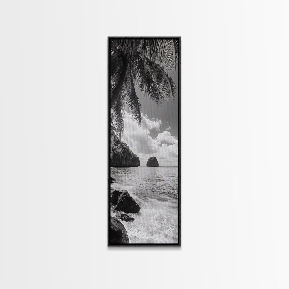 Island View, Palm Shoreline, Tropical Escape, Framed Canvas Print, Beach House Wall Art, Coastal Summer Decor, Zen Ocean Aesthetic