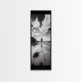 Lone Beach Walker, Dramatic Sky, Ocean Reflections, Solitude Moment, Framed Canvas Print, Hallway Wall Art, Moody Minimalist Decor