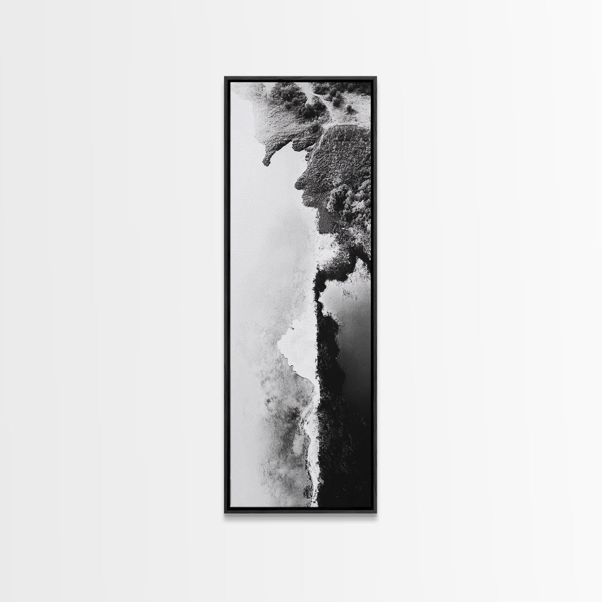 Aerial Coastline, Abstract Shore, Natural Edge, Canvas Print, Modern Living Room Wall Art, Black and White Photography, Coastal Decor