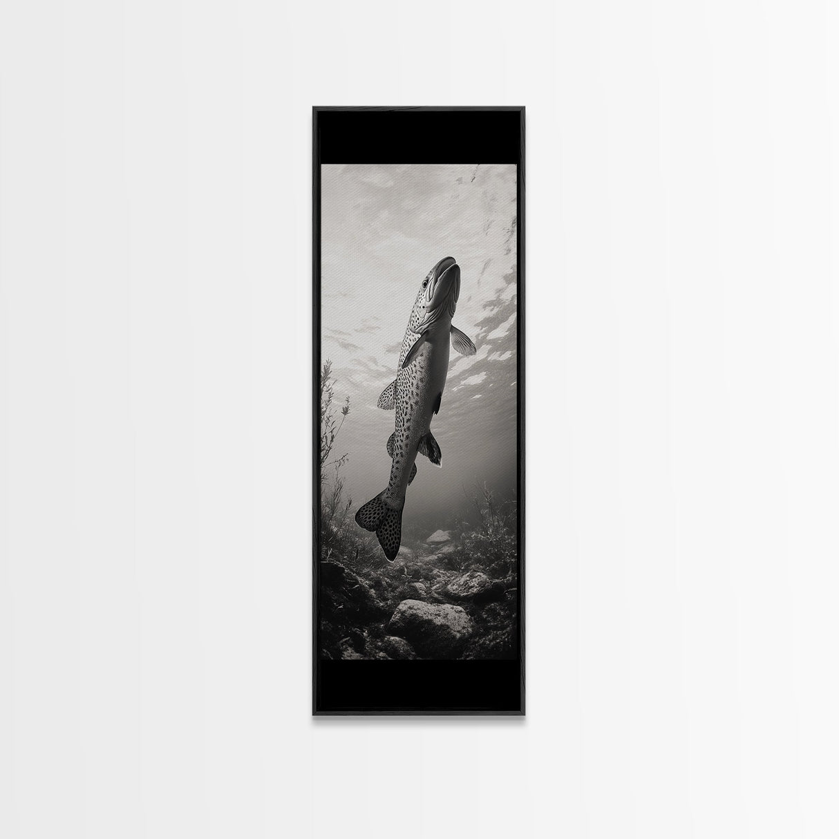 Rising Trout, Underwater Fish, Nature Close-Up, Canvas Print, Cabin Wall Art, Rustic Decor, Fishing Lover Gift, Black and White Art