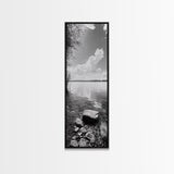 Peaceful Lake, Cloud Reflection, Shoreline Stones, Framed Canvas Print, Guest Room Wall Art, Nature Inspired Decor, Minimalist Landscape