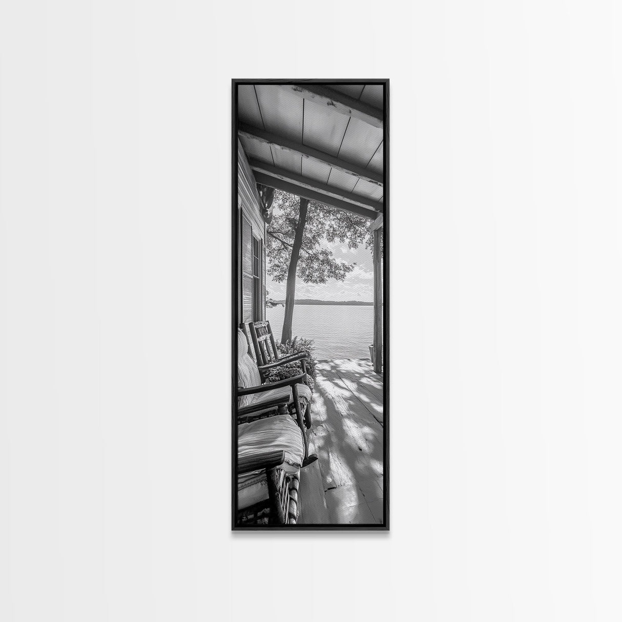 Lake Porch View, Rustic Charm, Cabin Vibes, Relaxing Nature Scene, Framed Canvas Print, Farmhouse Decor, Cozy Living Room Wall Art, Lakehouse Art