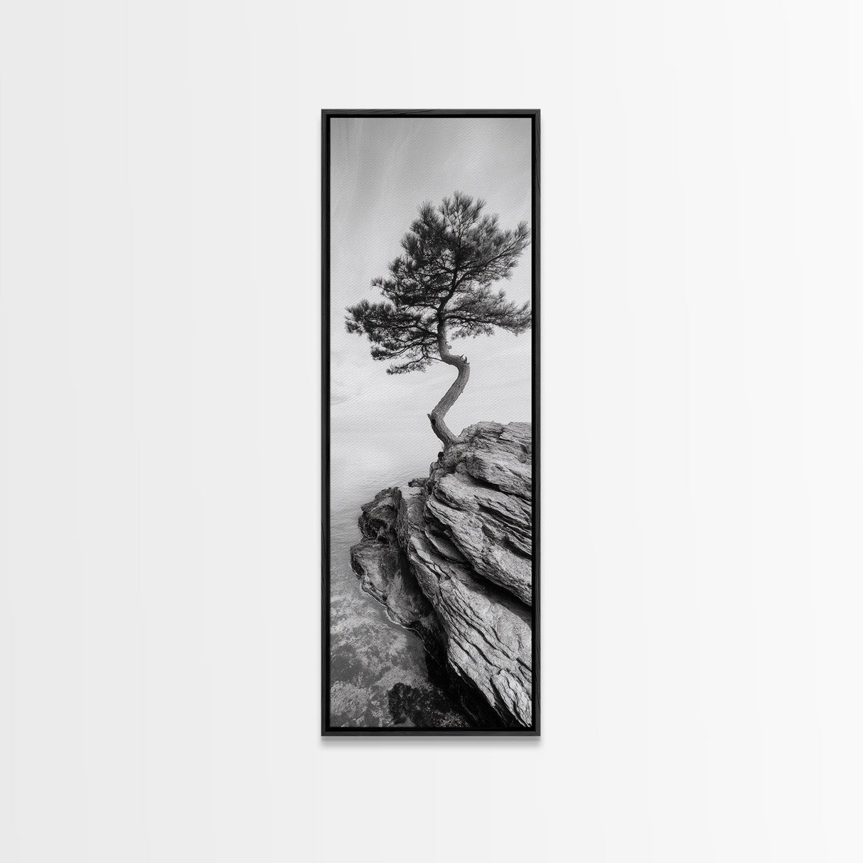 Lone Pine Tree, Minimal Nature, Tranquil Cliff Scene, Zen Forest Print, Framed Canvas Print, Japandi Wall Art, Entryway Tree Print, Nature Minimalism