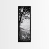 Coastal Tree Shade, Beach Sand Path, Seaside Serenity, Nature Retreat, Framed Canvas Print, Bathroom Wall Art, Neutral Tones, Calm Ocean Art