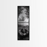 Campfire Sunset, Autumn Gathering, Fireside Evening, Lake Horizon, Framed Canvas Print, Fall Decor, Cabin Living Room Wall Art, Nature Lodge Print