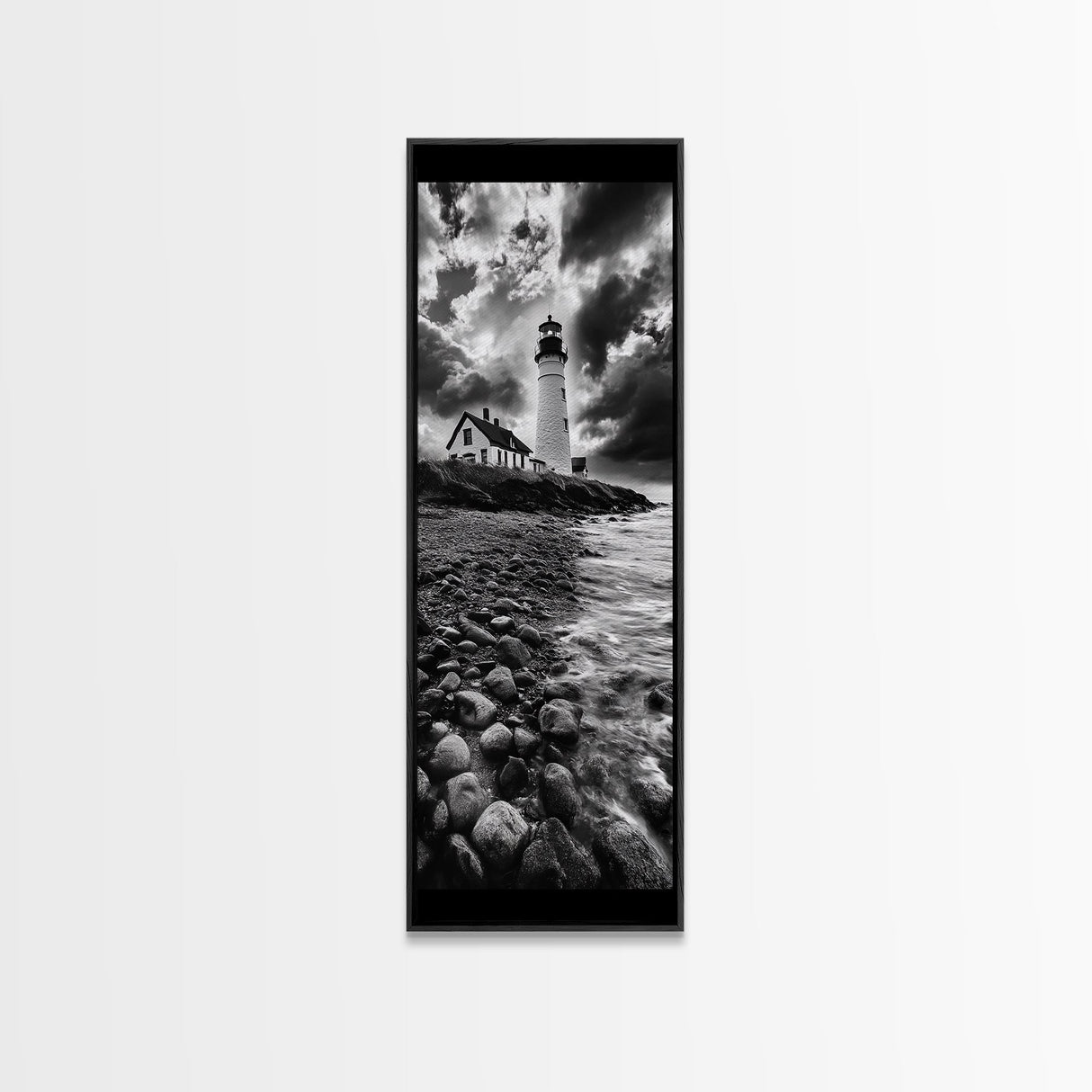 Lighthouse Drama, Coastal Storm, Rocky Shoreline Scene, Moody Ocean Sky, Framed Canvas Print, Nautical Living Room Wall Art, Black White Art