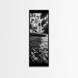 Lighthouse Drama, Coastal Storm, Rocky Shoreline Scene, Moody Ocean Sky, Framed Canvas Print, Nautical Living Room Wall Art, Black White Art