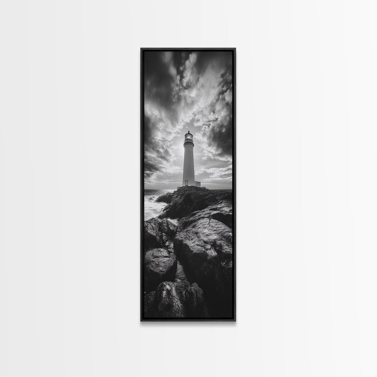 Coastal Beacon, Nautical Light, Ocean Landscape, Sunset Sky, Lighthouse Photography Framed Canvas Print, Living Room Nautical Wall Art
