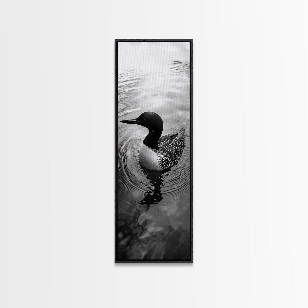 Water Loon, Lake Bird, Floating Wildlife, Nature Stillness, Serene Waterfowl Framed Canvas Print, Cabin Wall Art Rustic Lakehouse Decor