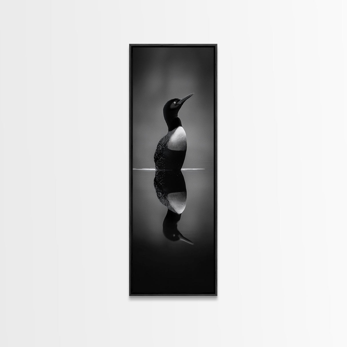 Reflected Loon, Lake Silence, Bird Mirror, Wildlife Art, Moody Black White Framed Canvas Print, Study Nature Wall Decor Minimalist Style