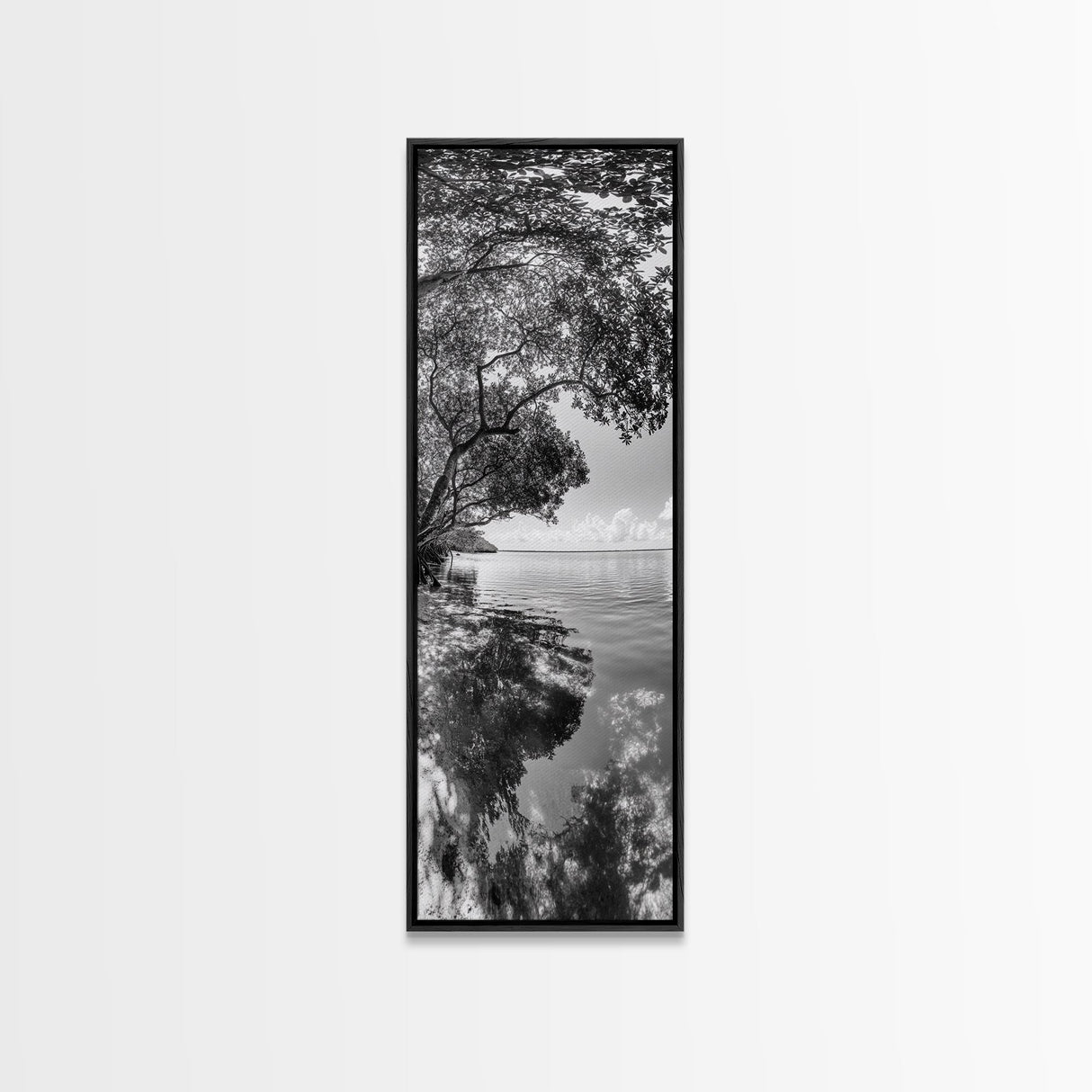 Mangrove Shoreline, Tree Reflections, Still Waters, Tranquil Escape, Black White Nature Framed Canvas Print, Zen Wall Art Entryway Decor