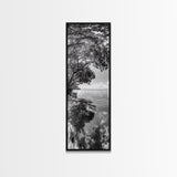 Mangrove Shoreline, Tree Reflections, Still Waters, Tranquil Escape, Black White Nature Framed Canvas Print, Zen Wall Art Entryway Decor
