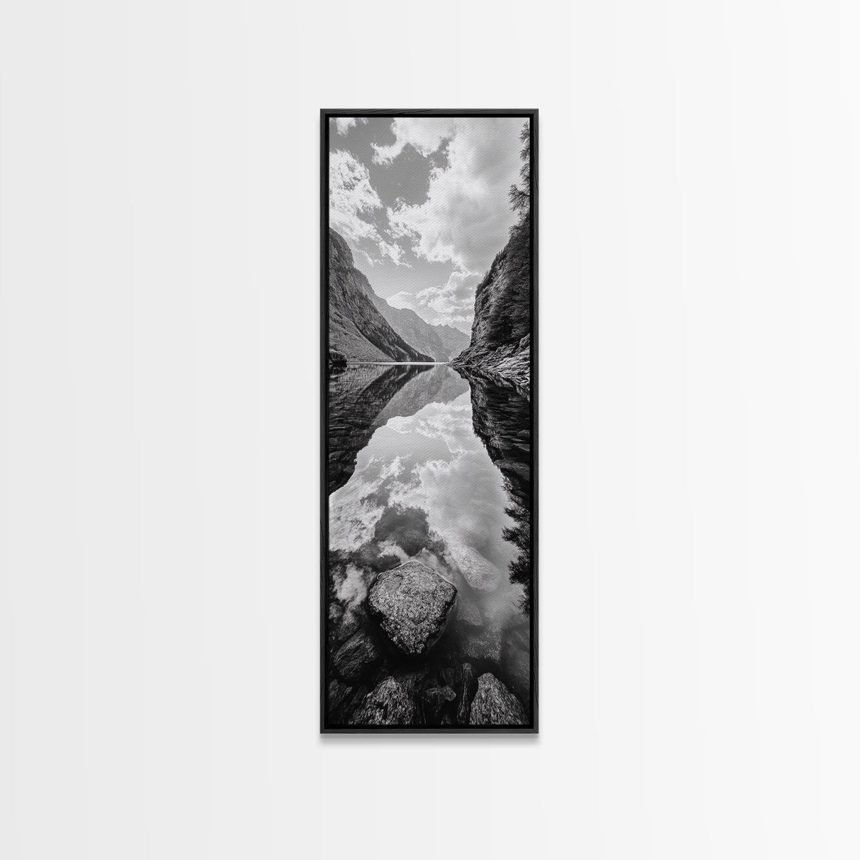 Reflective Lake, Cloud Mirror, Mountain Calm, Canvas Print, Serene Bedroom Wall Art, Nature Tranquility, Scandinavian Landscape Style