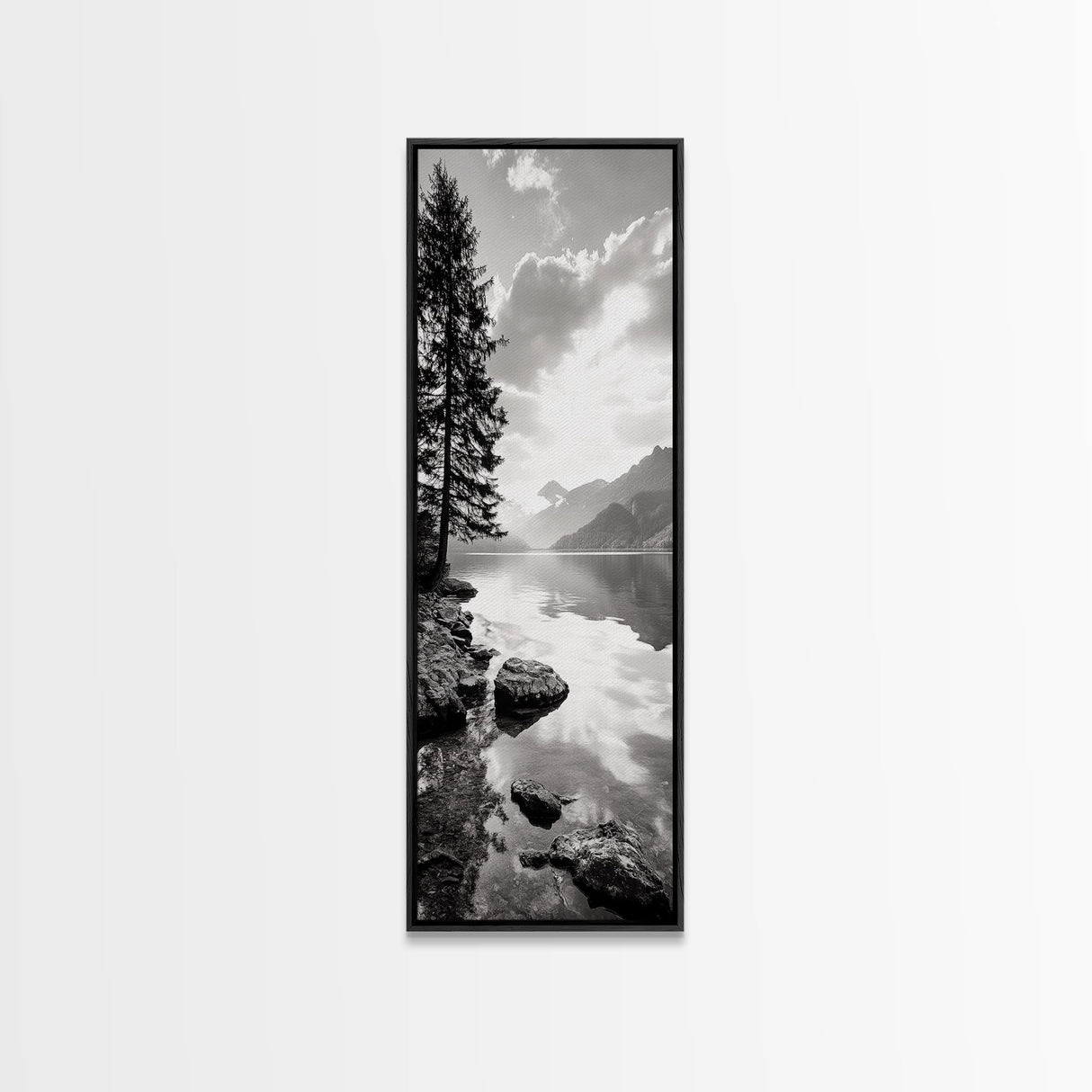 Mountain Lake Peace, Still Water View, Nature Escape, Framed Canvas Print, Living Room Wall Art, Nordic Cabin Decor, Minimal Landscape
