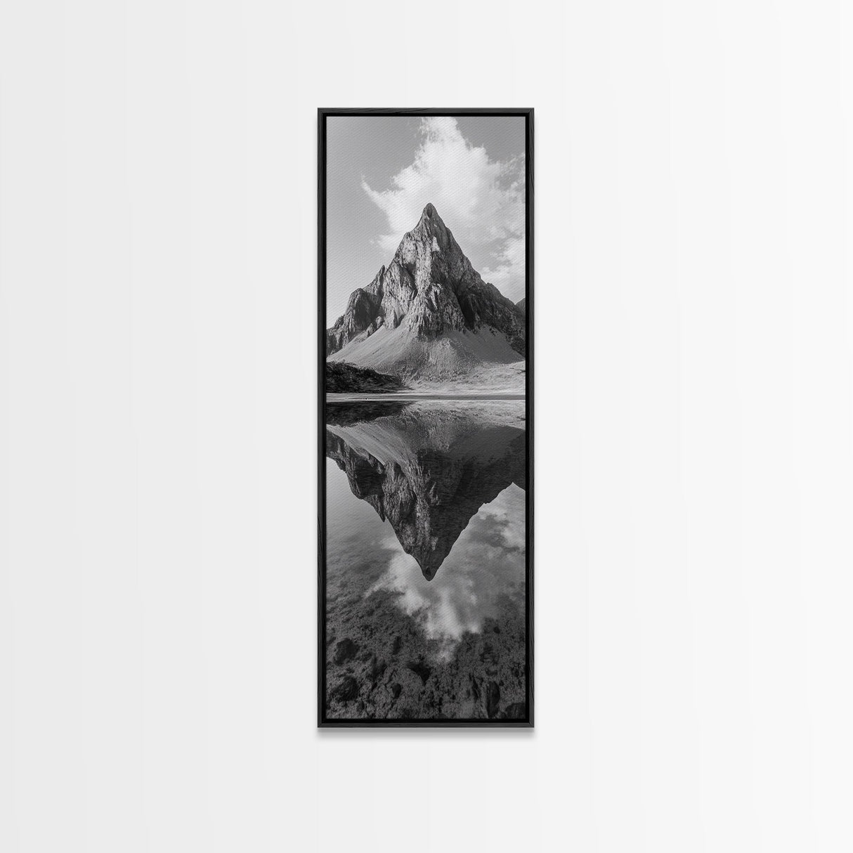 Sharp Mountain Peak, Reflection Stillness, Monochrome Wild, Framed Canvas Print, Rustic Cabin Wall Art, Nature Lover Gift Idea