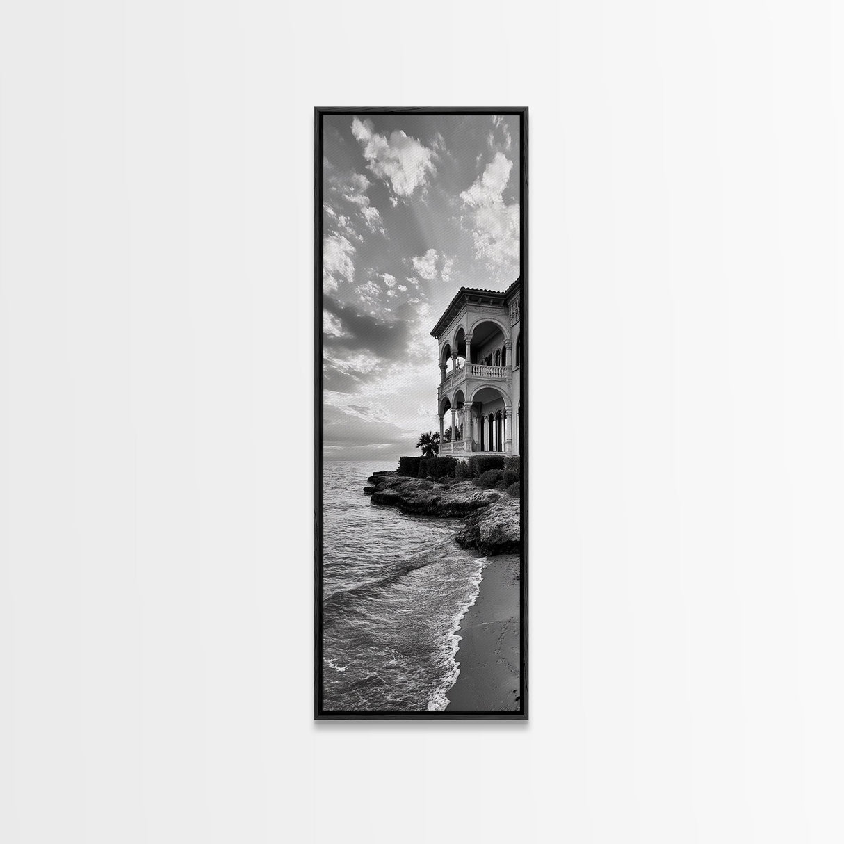 Italian Villa Coast, Seaside Architecture Print, Elegant Travel Decor, Framed Canvas Print, Dining Room Wall Art, Monochrome