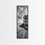 Italian Villa Coast, Seaside Architecture Print, Elegant Travel Decor, Framed Canvas Print, Dining Room Wall Art, Monochrome