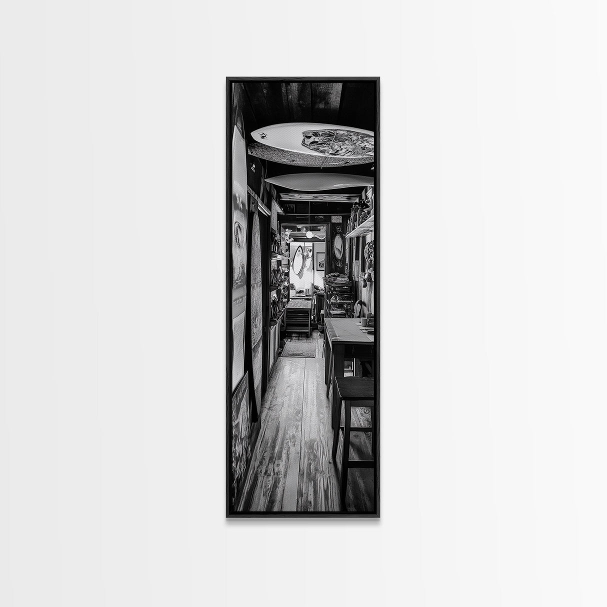 Surfboard Shop Hallway, Rustic Surf Decor, Beach Lifestyle Print, Framed Canvas Print, Man Cave Wall Art, Coastal Boho Vibes, Cabin Wall Art