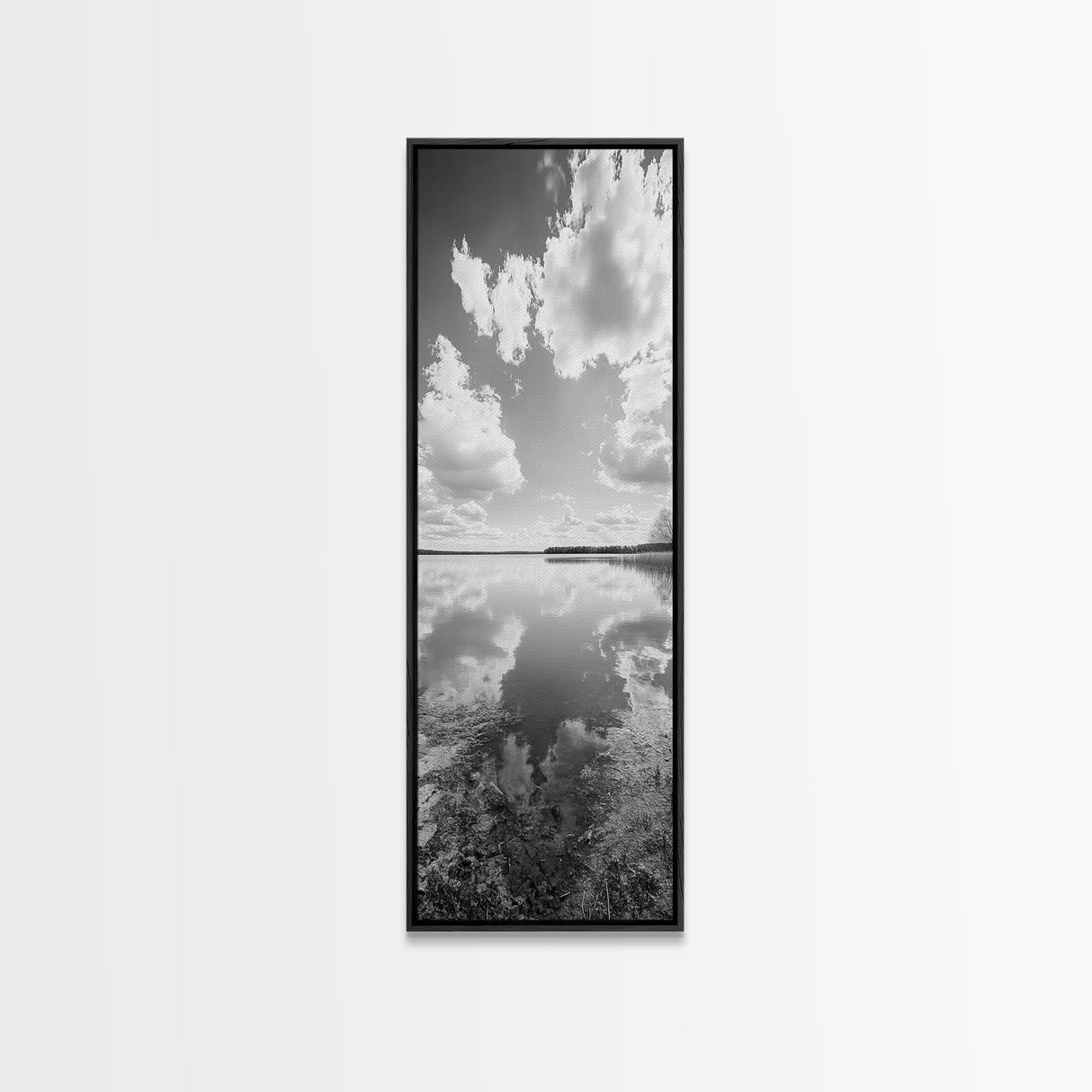 Lake Reflection, Calm Waters, Cloudy Sky, Minimalist Landscape, Framed Canvas Print, Neutral Living Room Art, Tranquil Nature Scene