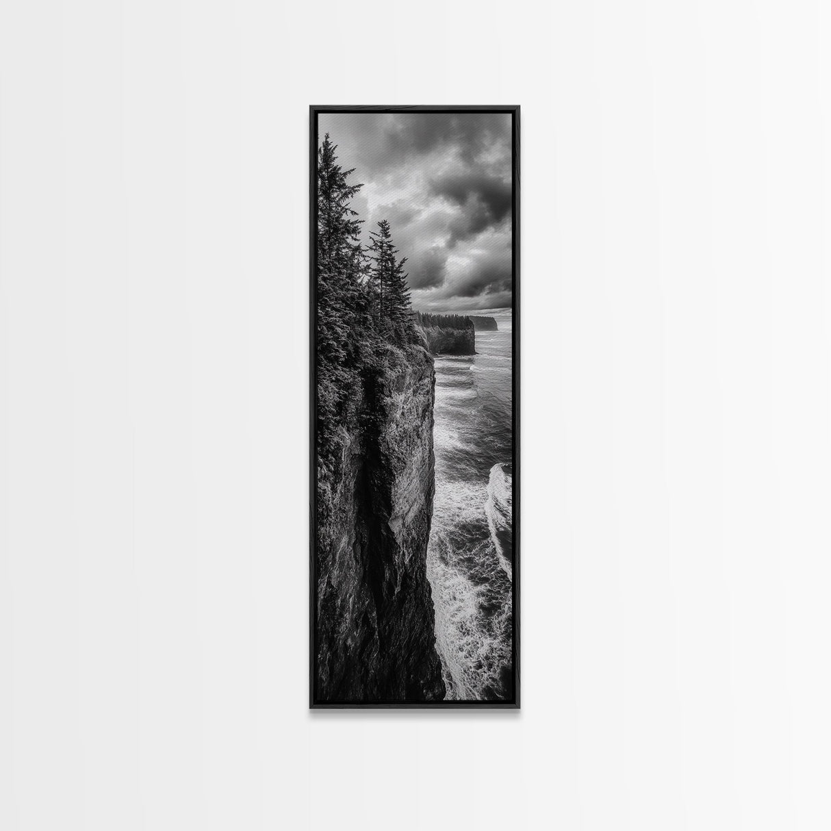 Cliff Coastline, Moody Ocean, Pine Trees, Dramatic Nature Scene, Canvas Print, Cabin Wall Art, Fall Coastal Photography, Rustic Decor