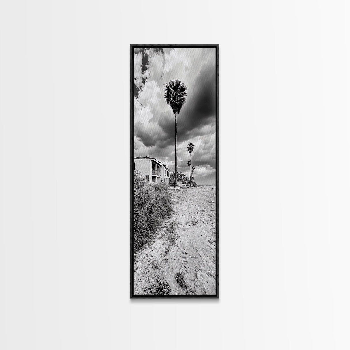 Palm Beach, Coastal Homes, Overcast Sky, California Vibe, Framed Canvas Print, Neutral Beach House Wall Art, Minimalist Seaside Style