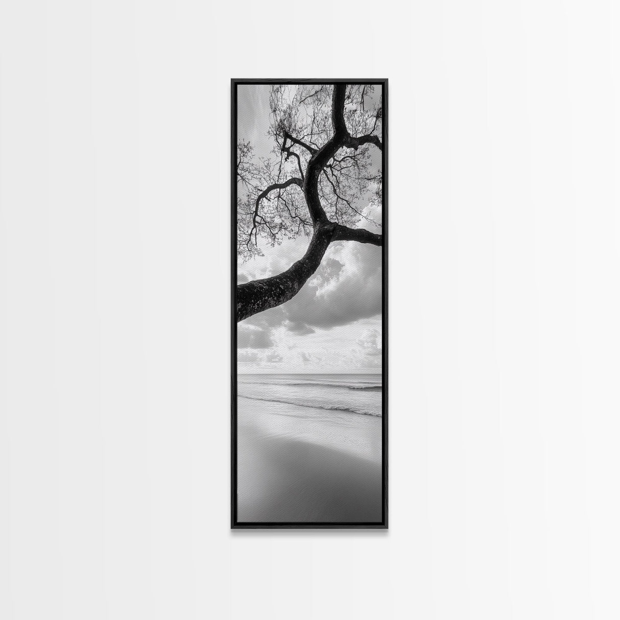 Ocean Tree View, Beach Horizon, Minimal Branches, Framed Canvas Print, Coastal Living Room Art, Neutral Decor, Zen Nature Photography