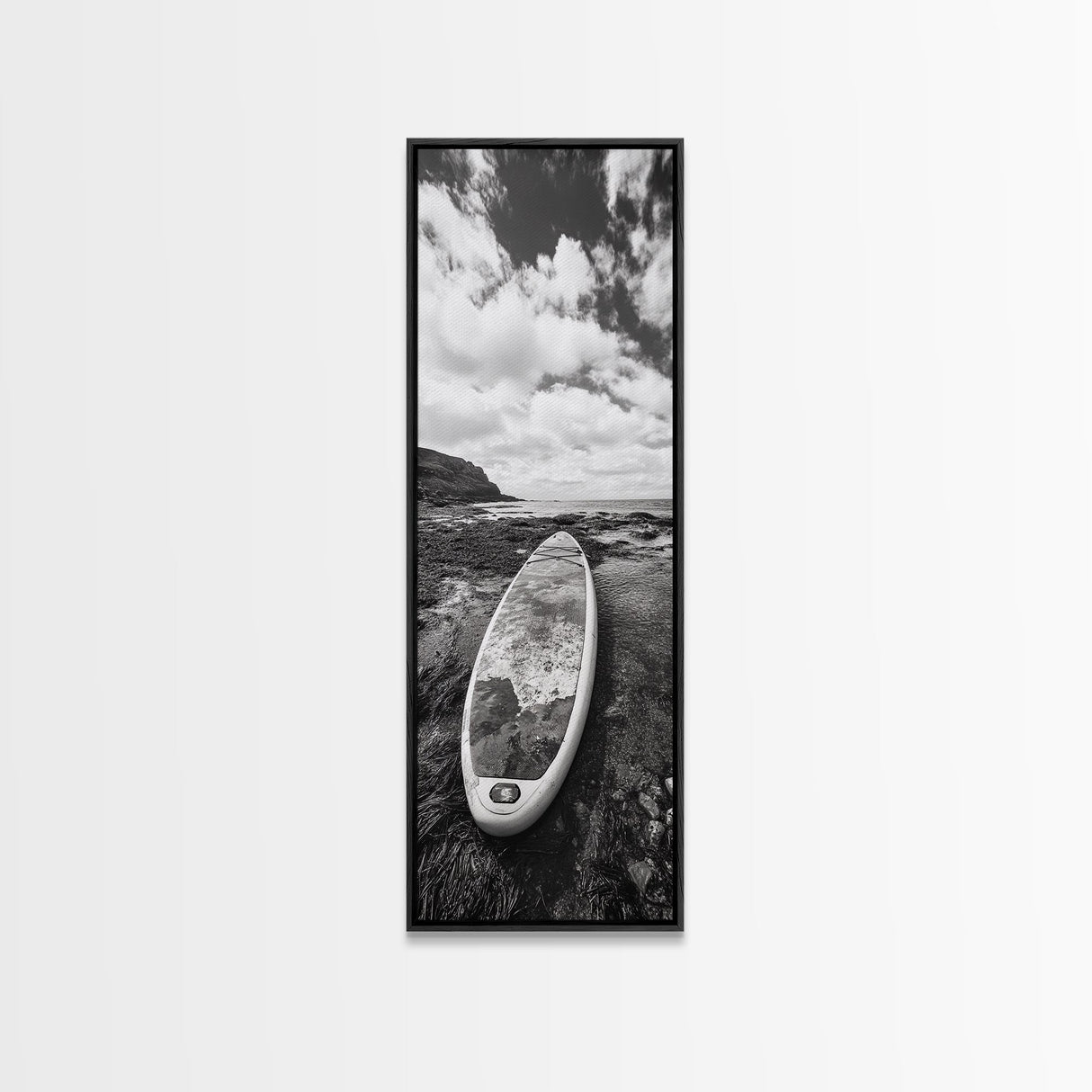 Surfboard Still, Rocky Shore, Beach Vibes, Framed Canvas Print, Coastal Bathroom Wall Art, Minimalist Beach Decor, Summer Style