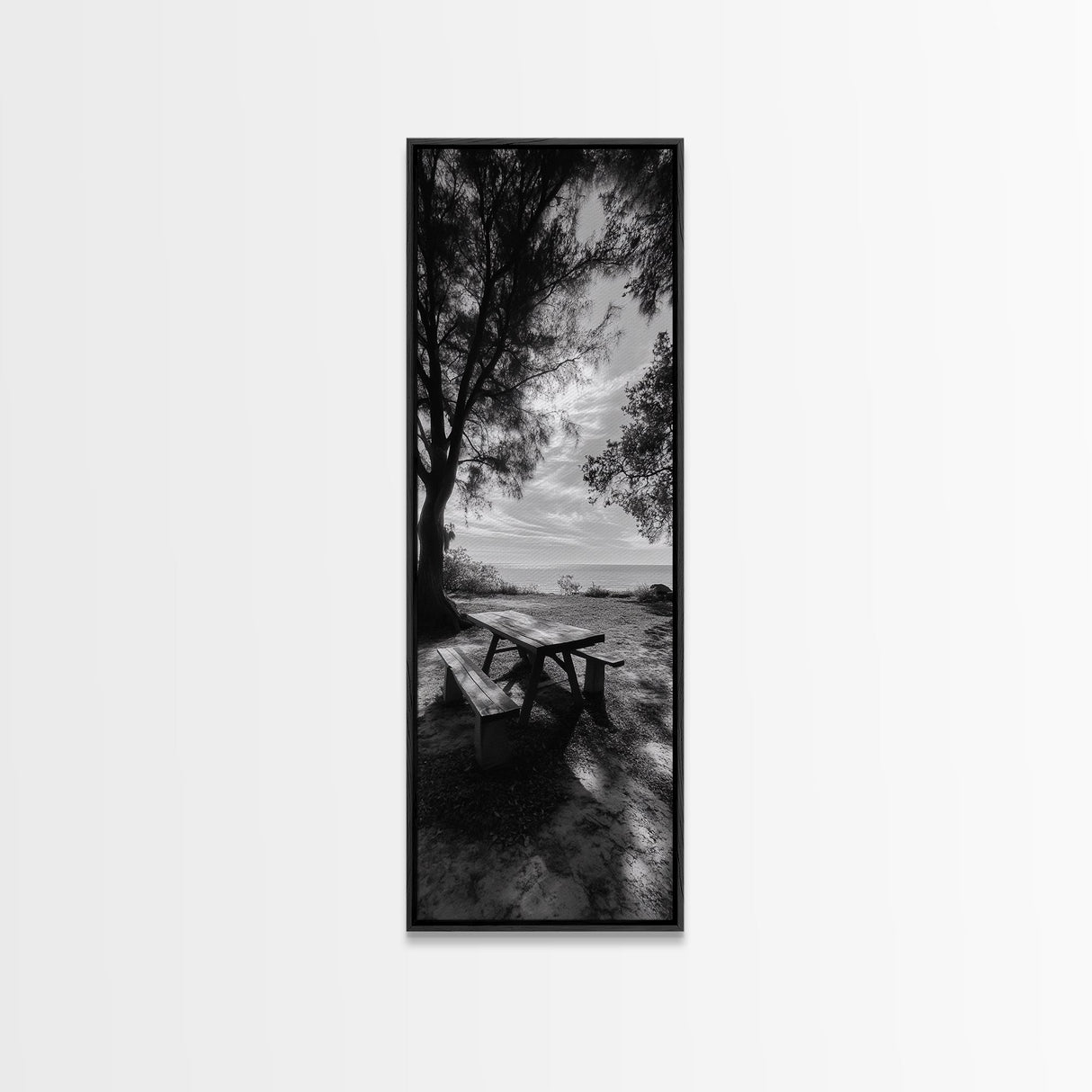 Seaside Picnic Spot, Tranquil Coastal Scene, Nature Landscape, Framed Canvas Print, Dining Room Print, Beach House Wall Art, Hallway Decor