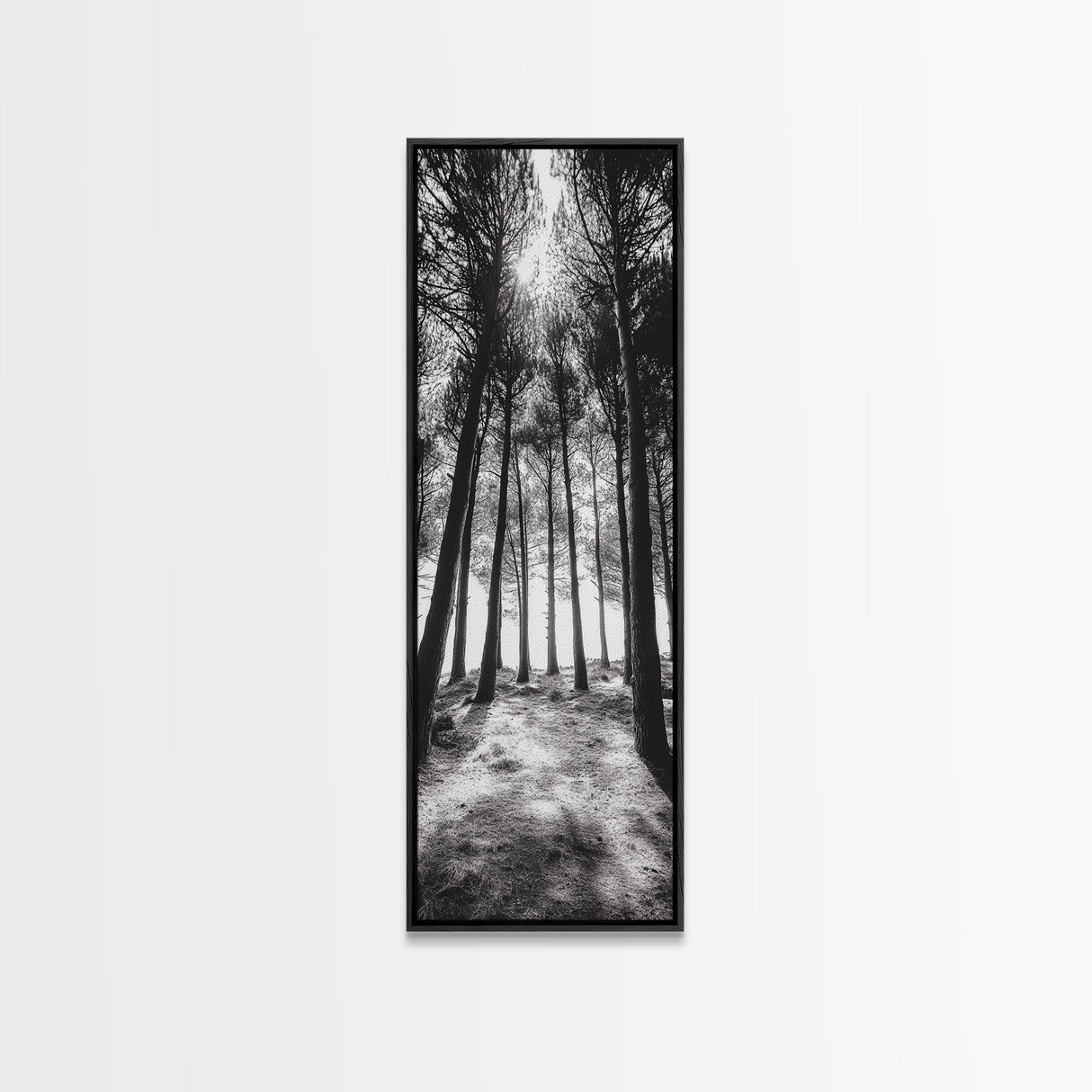 Pine Forest Glow, Woodland Landscape, Monochrome Nature, Boho Style, Framed Canvas Print, Entryway Print, Living Room Wall Art, Game Room Art