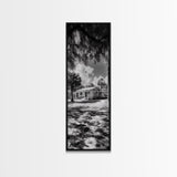Tropical House, Palm Trees, Bright Sky, Southern Charm, Framed Canvas Print, Living Room Wall Art, Modern Beach House Decor
